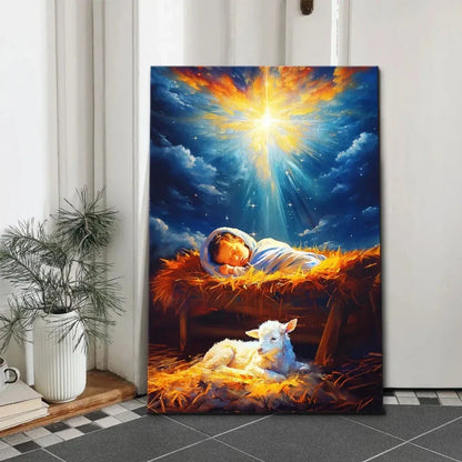 baby jesus with a lamb baby jesus in the manger wall art canvas (view 2)