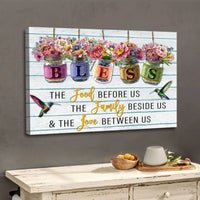 bless the food before us canvas flowers hanging in jars christian wall art (Landscape)