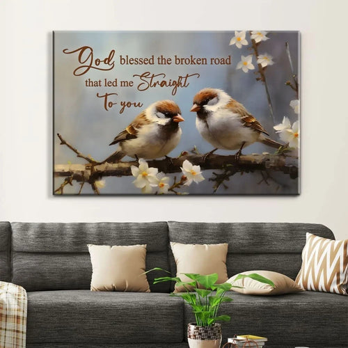 god blessed the broken road wall art sparrow couple christian canvas print (Landscape)