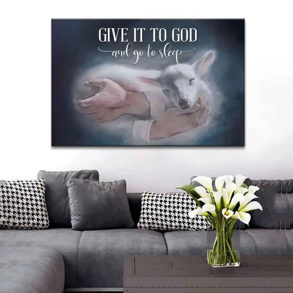 jesus holding a lamb give it to god and go to sleep wall art canvas print (Landscape)