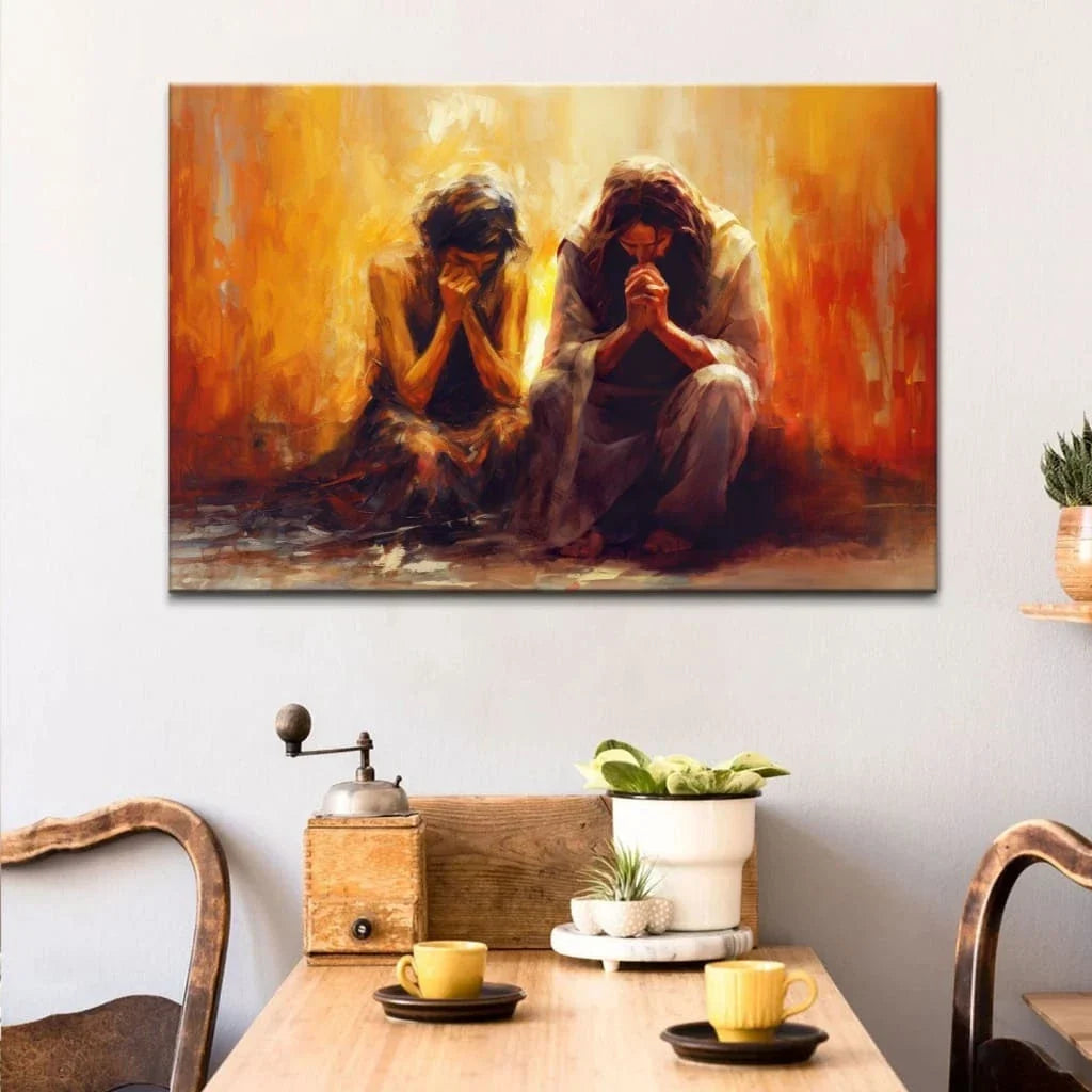 women and jesus praying wall art canvas print (Landscape)