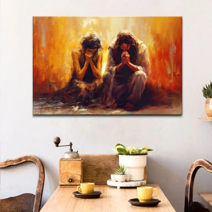 women and jesus praying wall art canvas print (Landscape)