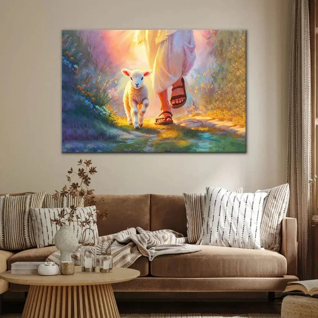 jesus walking with lamb wall art canvas (Landscape)