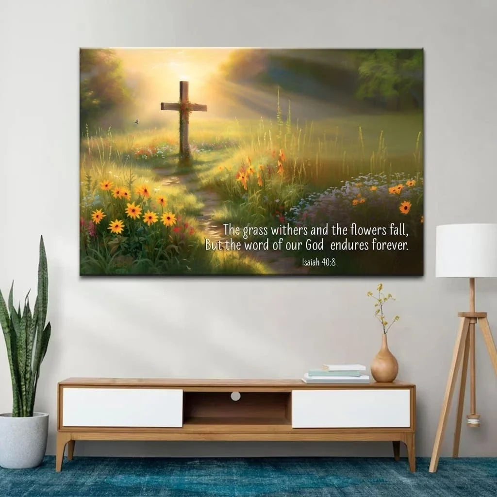 christian wall art isaiah 40 8 the word of our god endures forever canvas wooden cross field (Landscape)