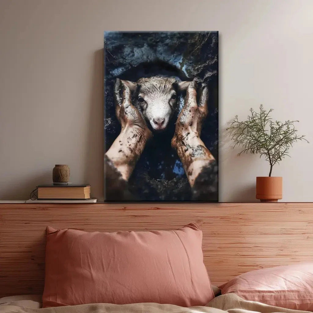jesus rescues the lost lamb in the mud christian wall art canvas (view 3)