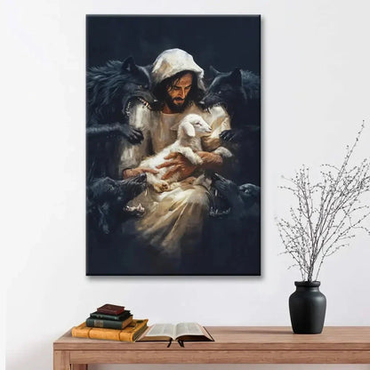 jesus the good shepherd protecting his lamb from the wolves wall art canvas print