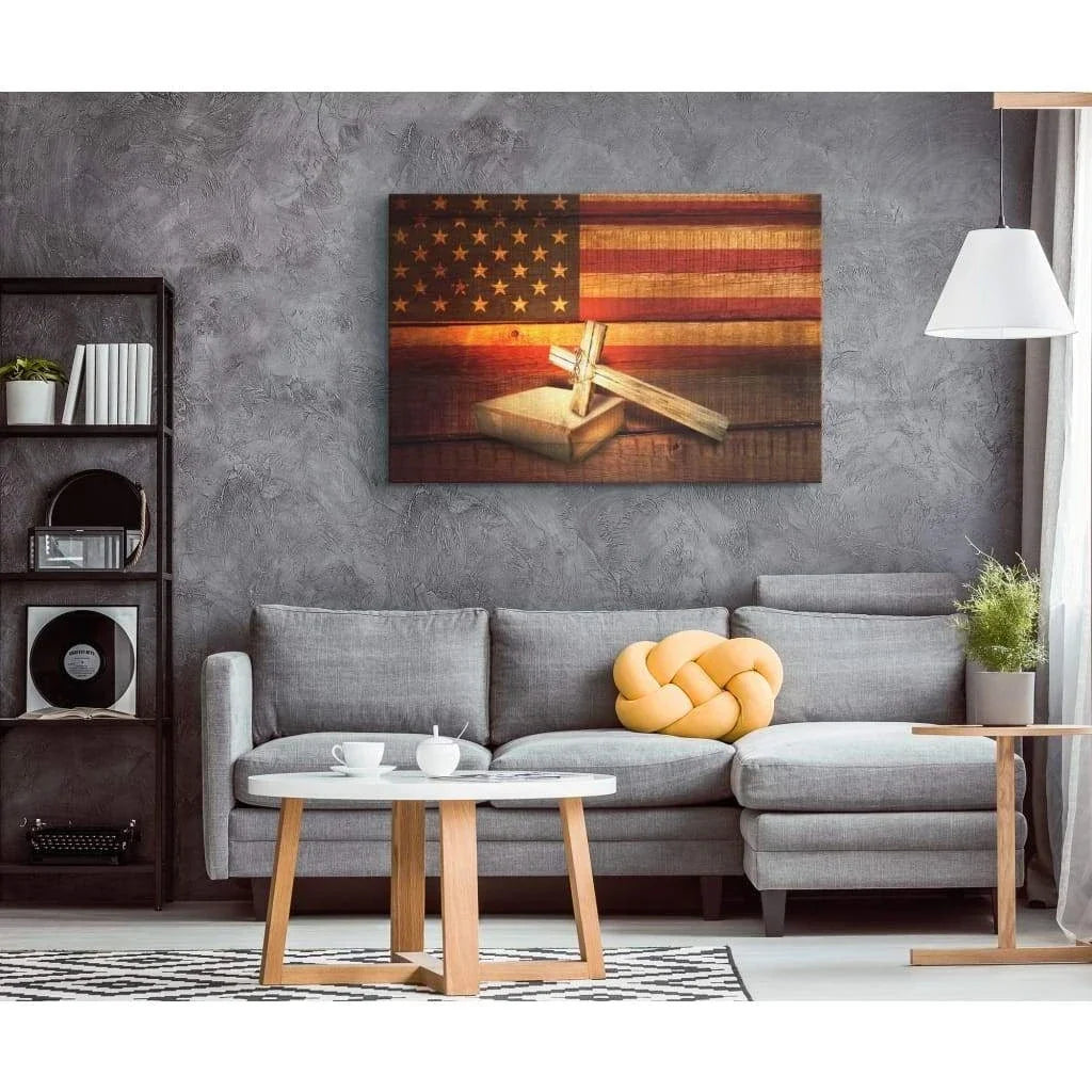american flag cross with holy bible book wall art canvas (Landscape) (view 2)