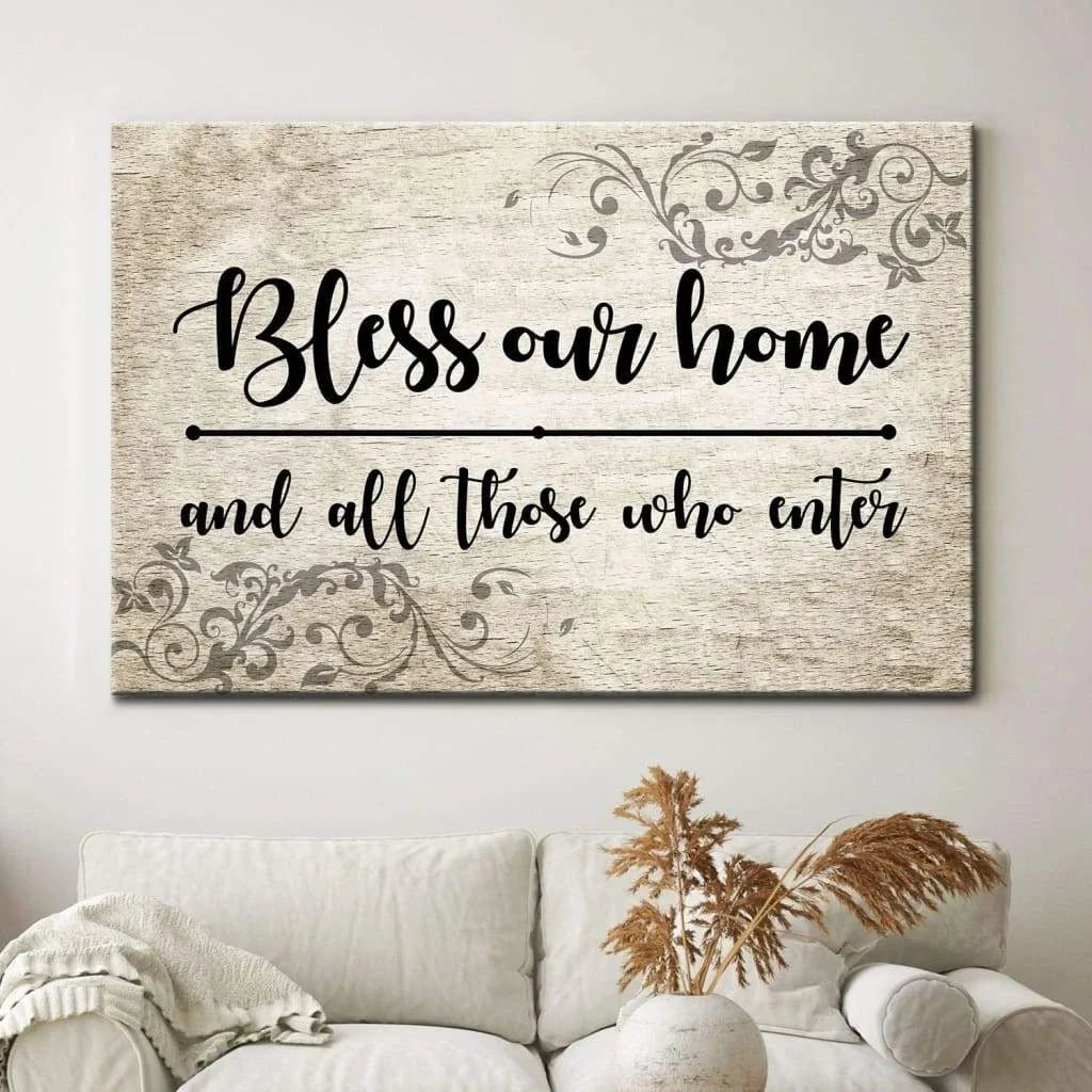 bless our home and all those who enter canvas print welcome wall art (Landscape)