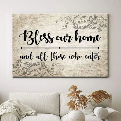 bless our home and all those who enter canvas print welcome wall art (Landscape)