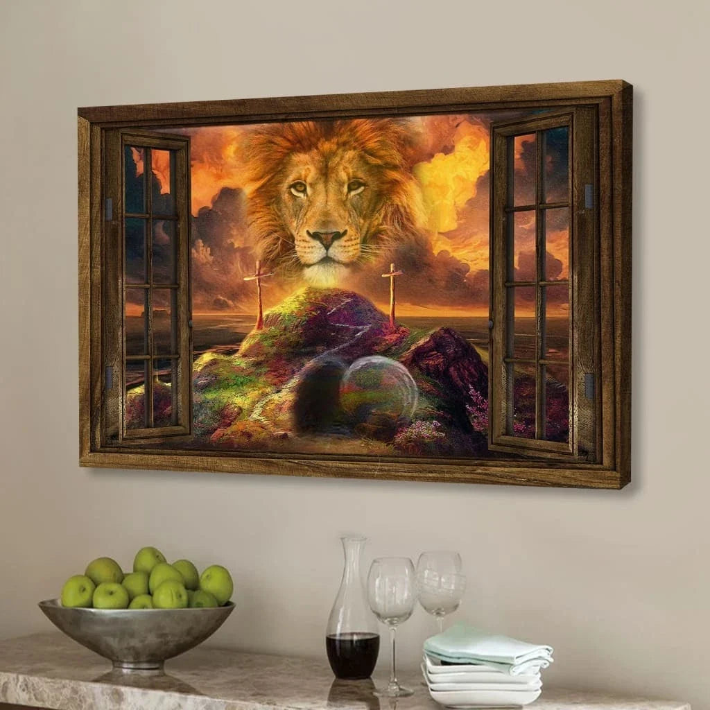he is risen canvas lion of judah easter wall art canvas (Landscape) (view 3)