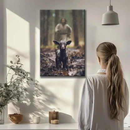 christian wall art jesus runs after his lost sheep in the rainy forest canvas (view 2)