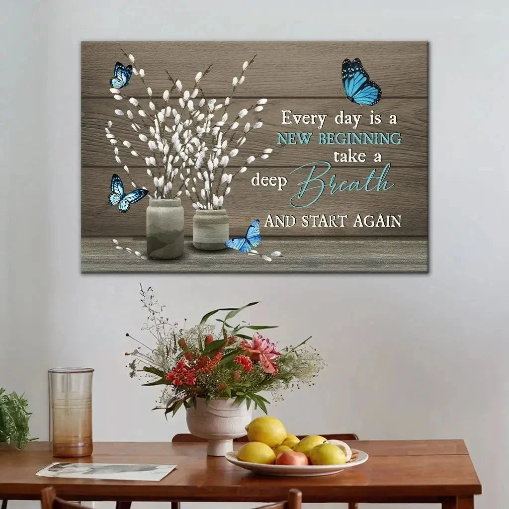 every day is a new beginning butterfly flower christian wall art canvas (Landscape) (view 3)