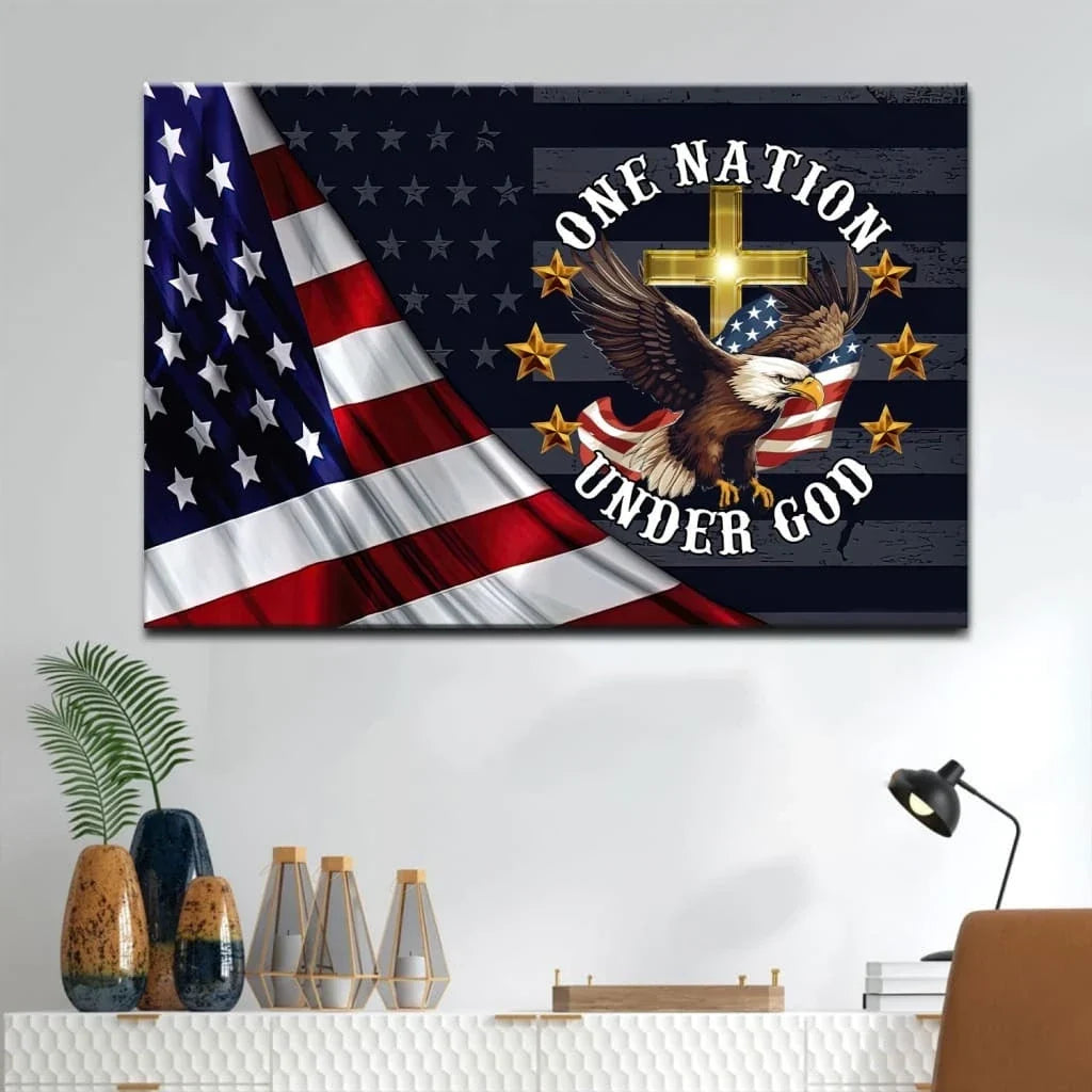 one nation under god bald eagle american flag cross wall art canvas (Landscape)