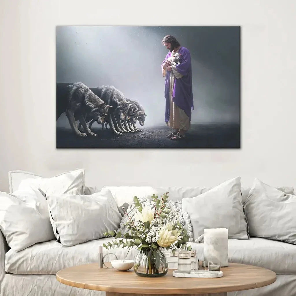 jesus holds a lamb as wolves bow down christian wall art canvas (view 9)
