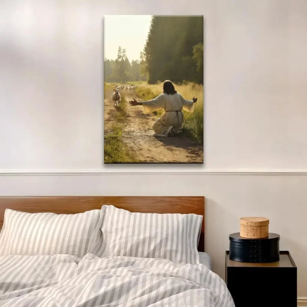 lamb runs to jesus wall art canvas (Landscape) (view 2)