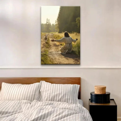 lamb runs to jesus wall art canvas (Landscape) (view 2)