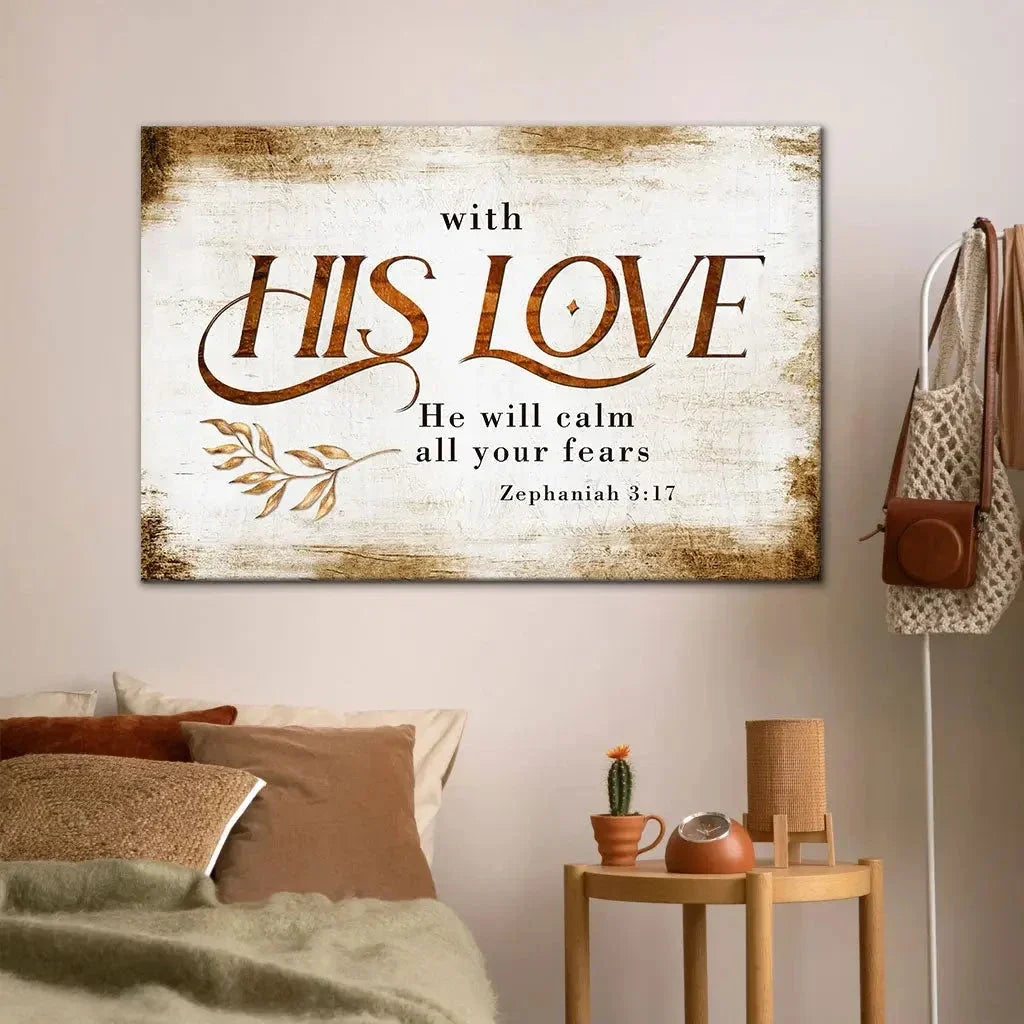 rustic zephaniah 3 17 with his love he will calm all your fears christian wall art canvas (Landscape)