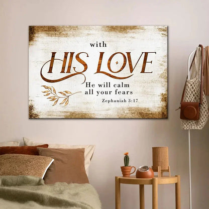 rustic zephaniah 3 17 with his love he will calm all your fears christian wall art canvas (Landscape)