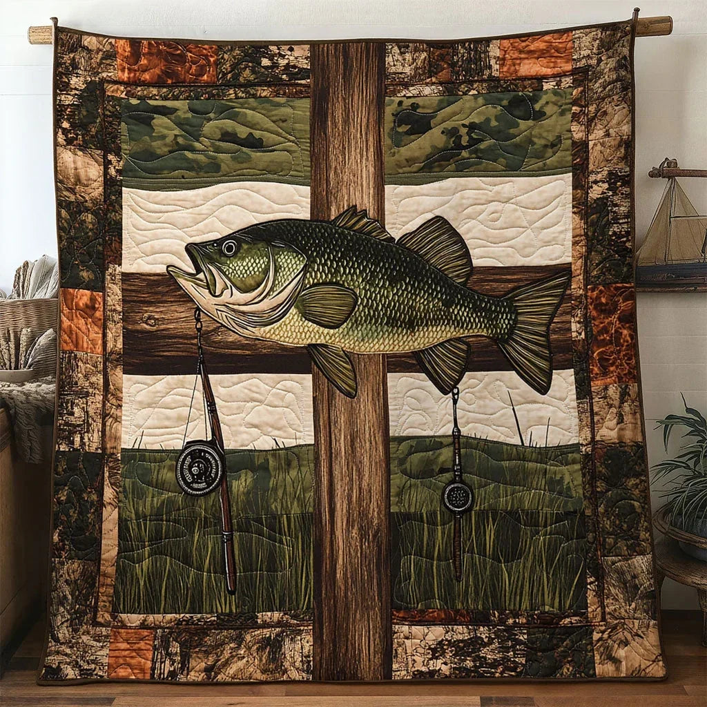 Bass Fish Forest Cross Quilt Blanket