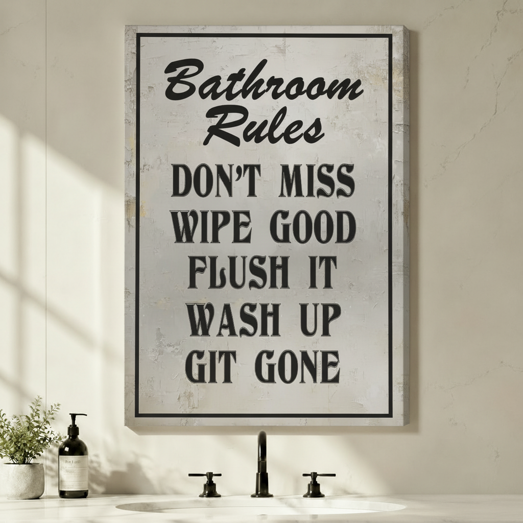 Bathroom Rules Funny Vintage Typography Canvas Art