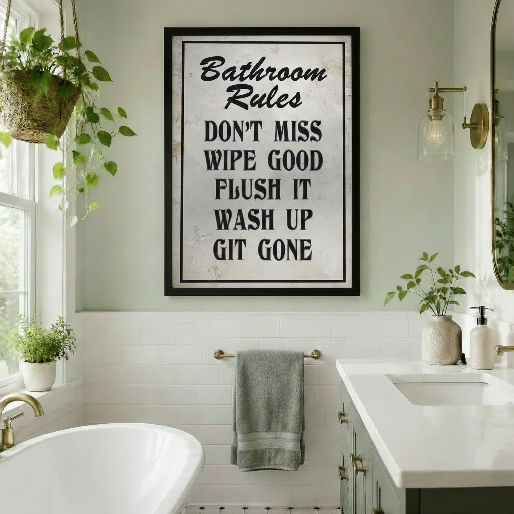 Bathroom Rules Funny Vintage Typography Canvas Art