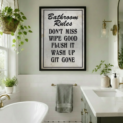 Bathroom Rules Funny Vintage Typography Canvas Art