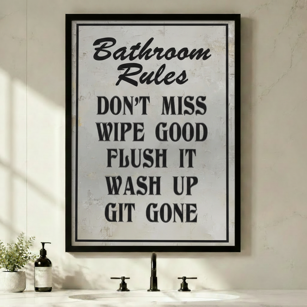 Bathroom Rules Funny Vintage Typography Canvas Art