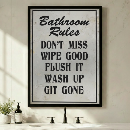 Bathroom Rules Funny Vintage Typography Canvas Art