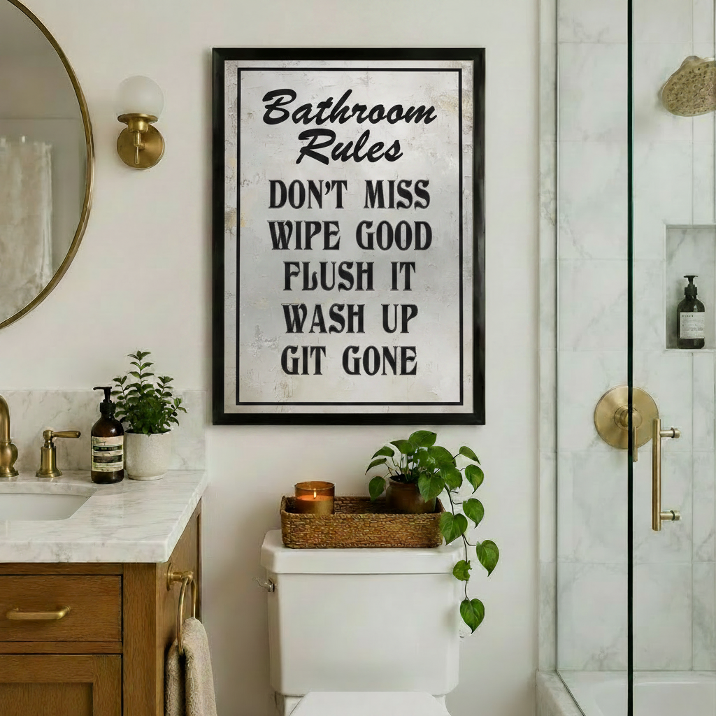 Bathroom Rules Funny Vintage Typography Canvas Art