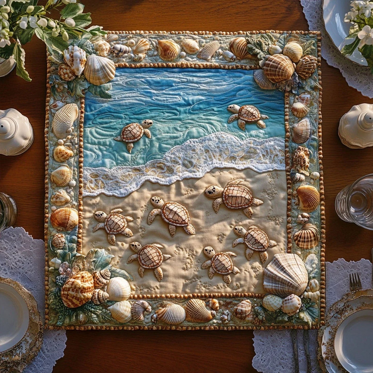 Bay Breeze Turtle Quilted Table Topper