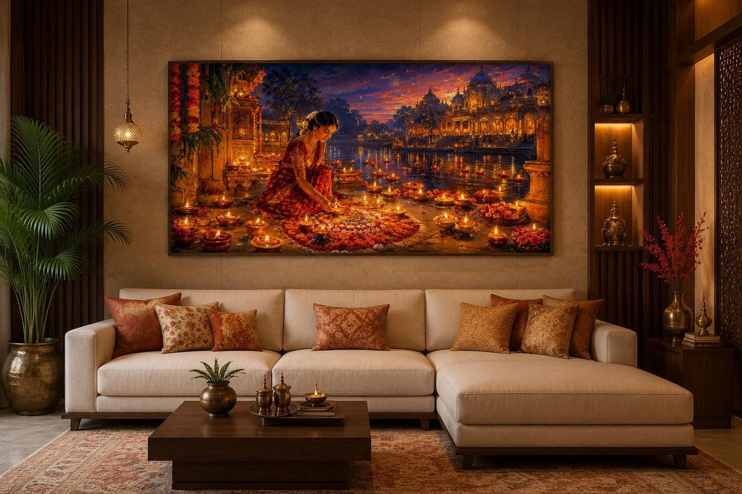 Diwali Canvas Wall Art - Woman Lighting Diyas Indian Festival Painting | Living Room Decor