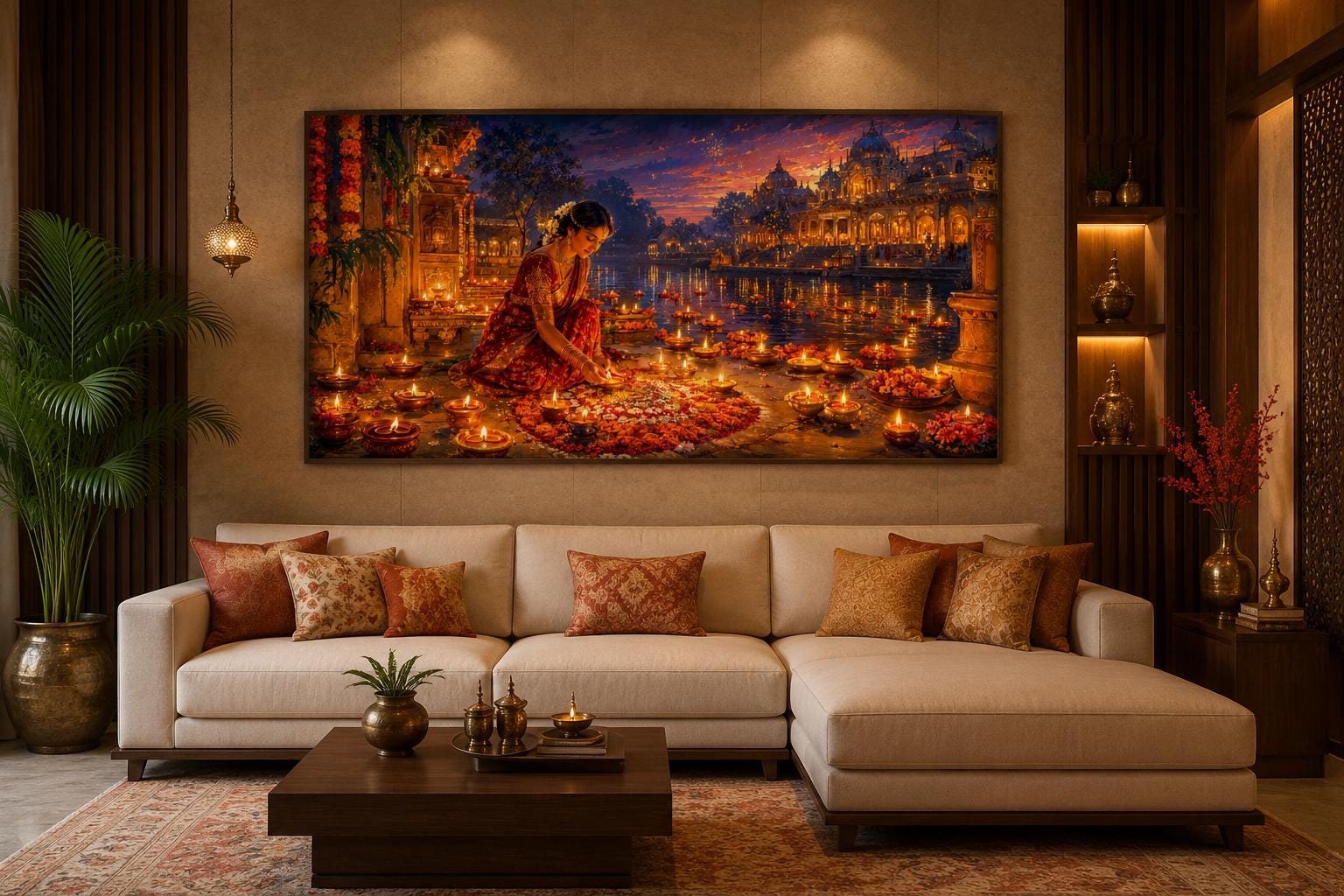 Diwali Canvas Wall Art - Woman Lighting Diyas Indian Festival Painting | Living Room Decor