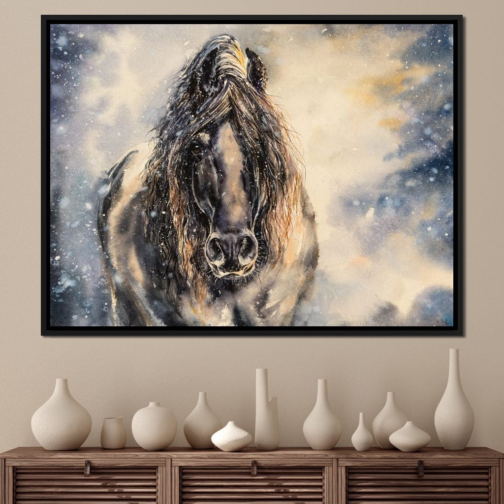 Black Horse in Winter Canvas Wall Art