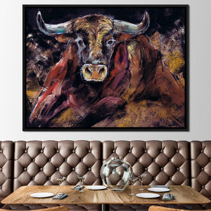 Brown Bull Charge Canvas Wall Art