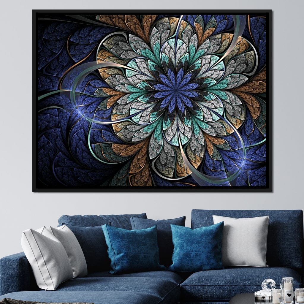 Blue and Gold Fractal Flower Canvas Wall Art