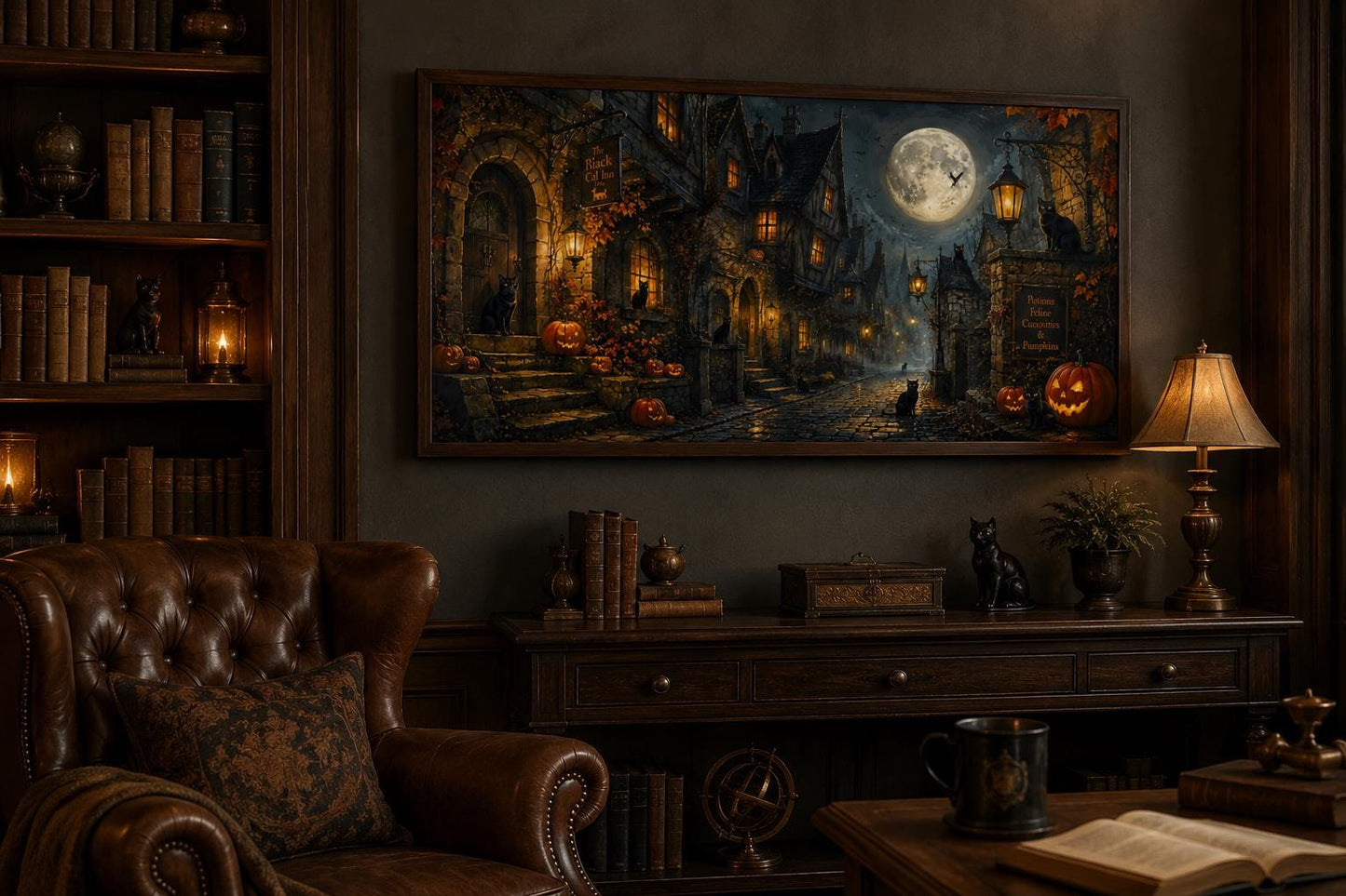Halloween Village Canvas | Gothic Wall Art With Black Cat & Full Moon Scene