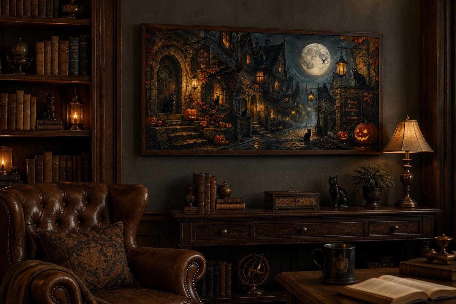 Halloween Village Canvas | Gothic Wall Art With Black Cat & Full Moon Scene