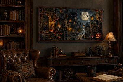 Halloween Village Canvas | Gothic Wall Art With Black Cat & Full Moon Scene