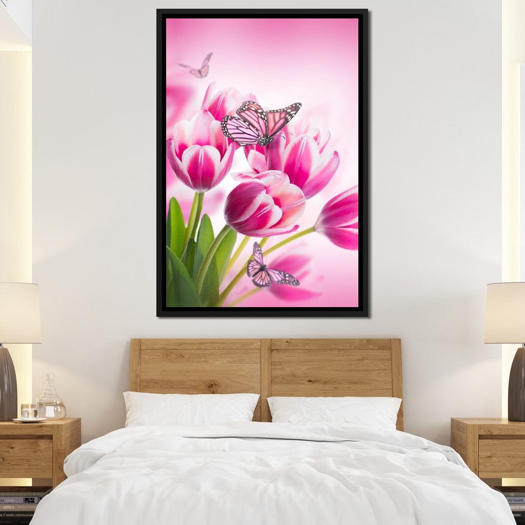 Bouquet of Pink Tulips & Butterflies Canvas Wall Art