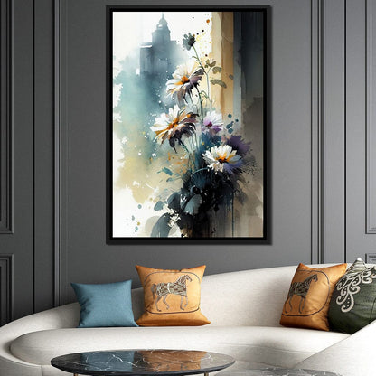 White & Teal Watercolor Flowers Canvas Wall Art