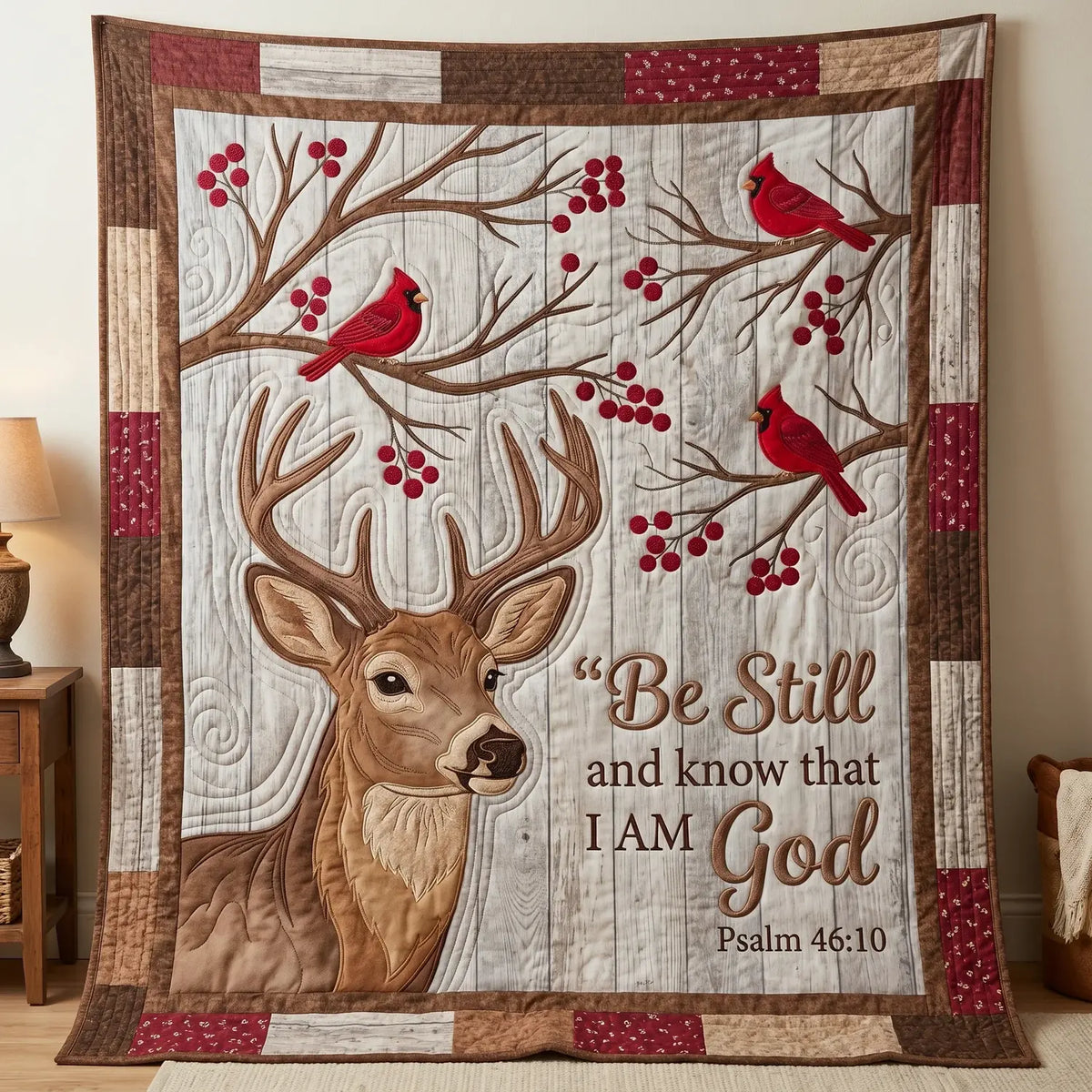 Be Still Deer And Cardinal Quilt Blanket