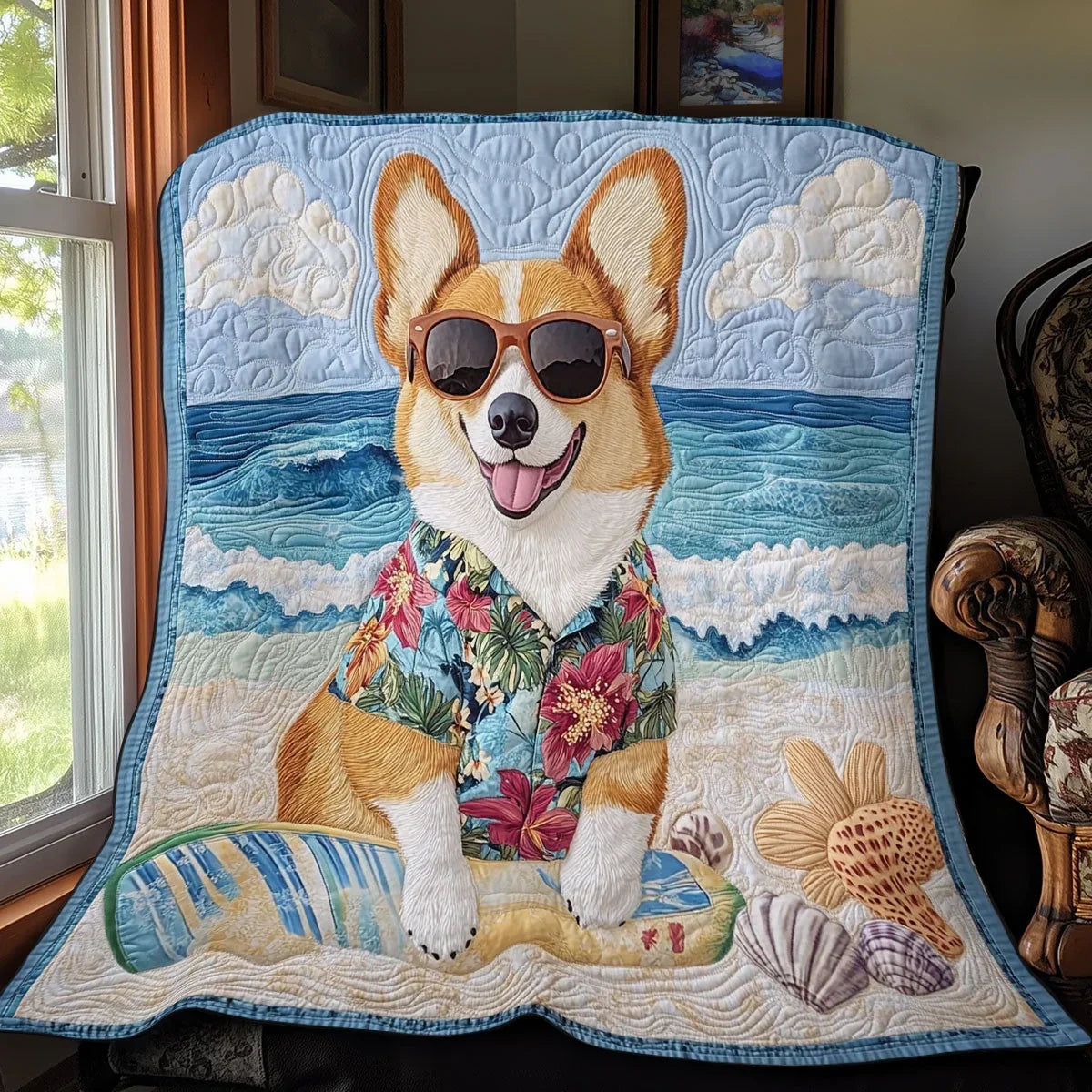Beach Corgi Quilt Blanket