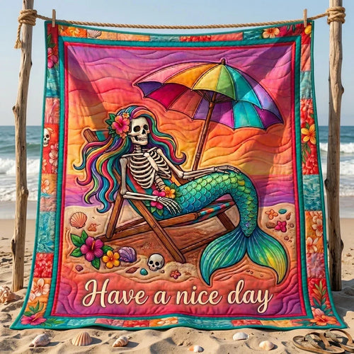 Beach Vibes Skeleton Mermaid Quilt Blanket