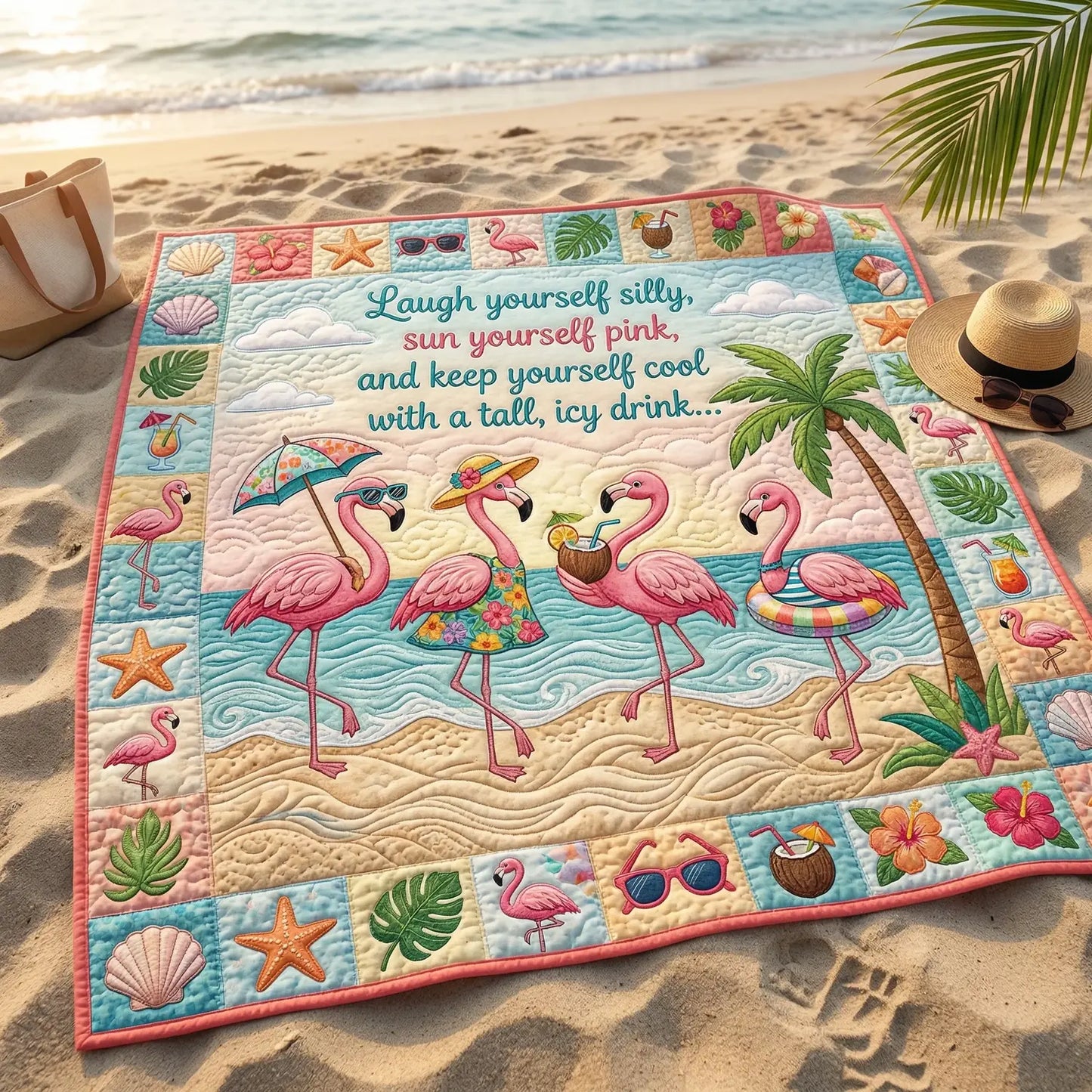 Beachy Flamingo Paradise Quilt Blanket