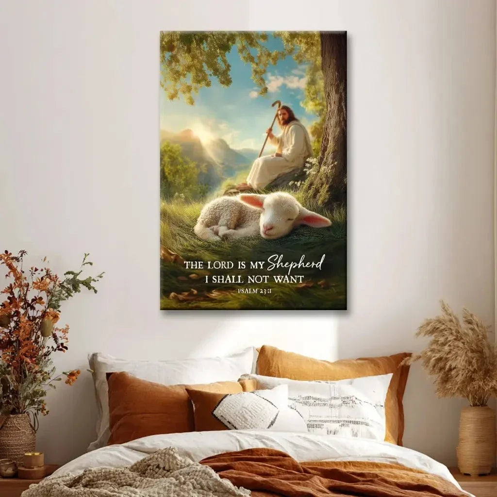 the lord is my shepherd psalm 23 1 christian wall art canvas jesus with lamb (Landscape)