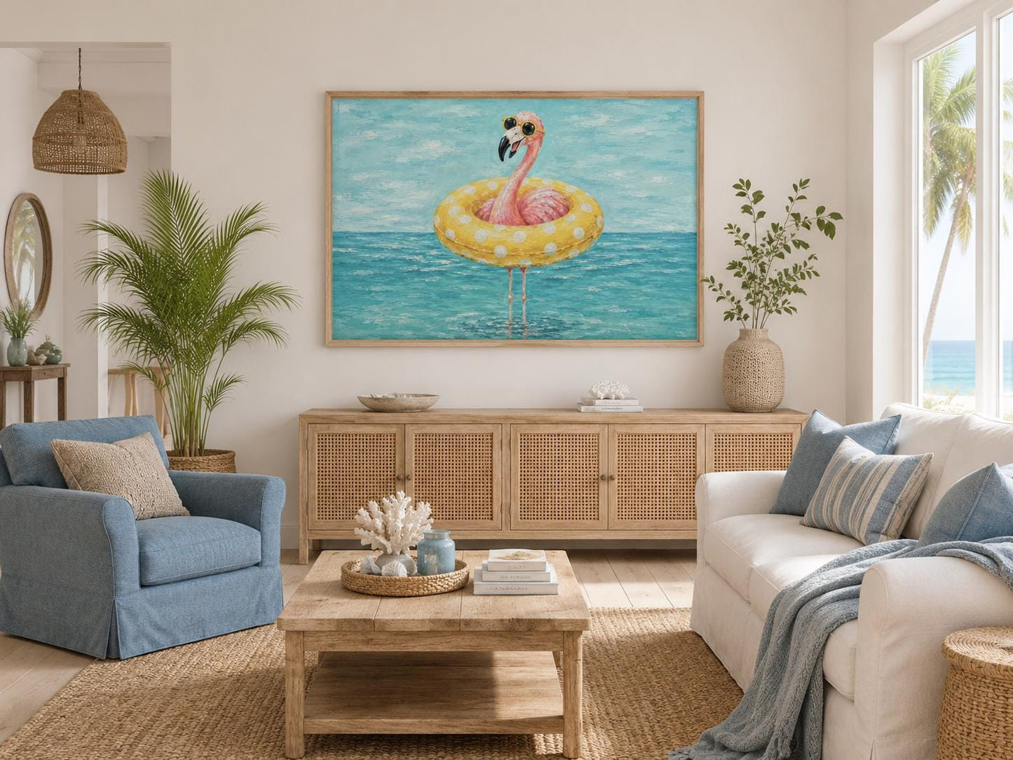 Funny Flamingo With Pool Float And Sunglasses Wall Art - Whimsical Coastal Wall Decor for Beach House