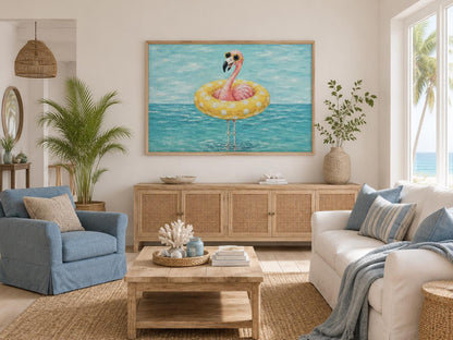 Funny Flamingo With Pool Float And Sunglasses Wall Art - Whimsical Coastal Wall Decor for Beach House