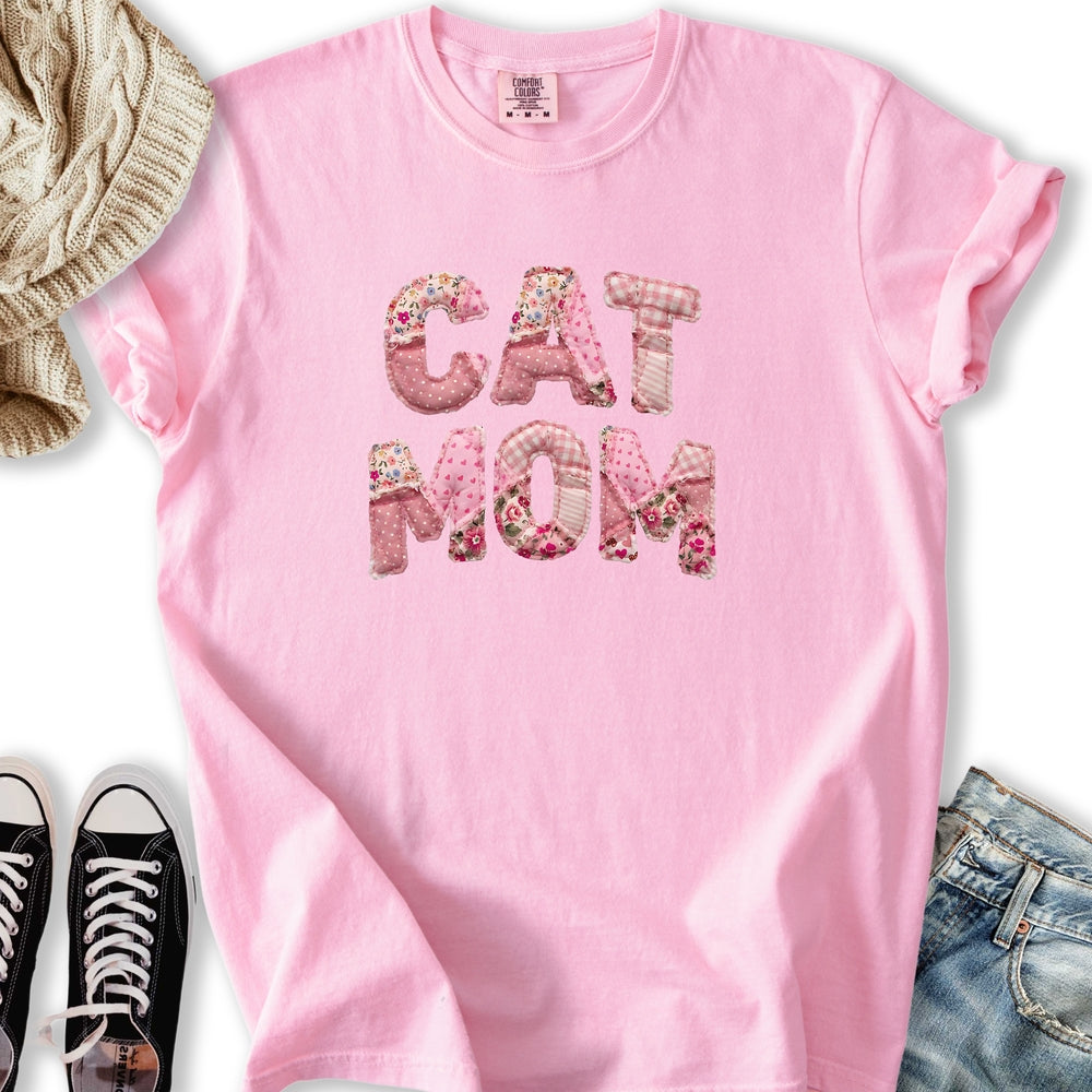 Pink Faux Patchwork Cat Relaxed Tee