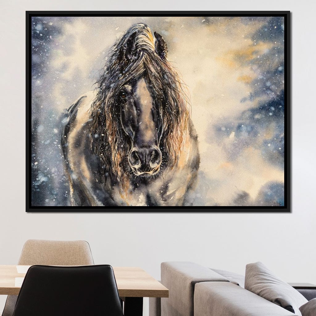 Black Horse in Winter Canvas Wall Art