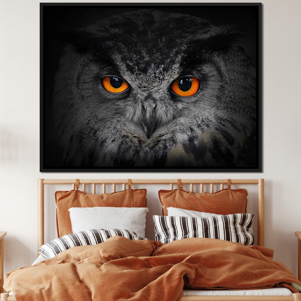 Black & White Owl with Orange Eyes Canvas Wall Art
